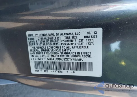 2014 Honda Odyssey Exl из США, поврежденный, VIN 5FNRL5H6XEB043922